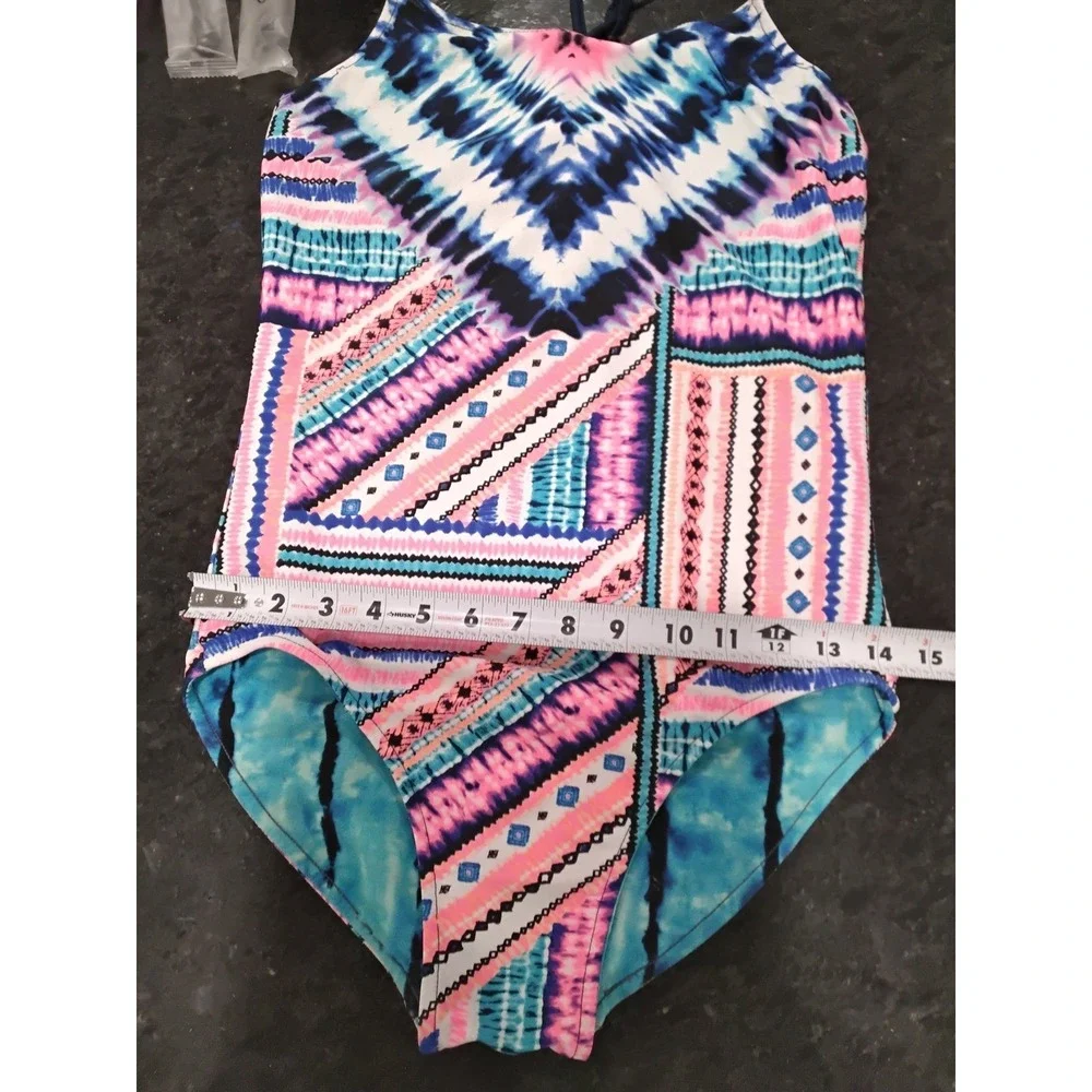 Justice Girls Reversible‎ One Piece Swimsuit Tie Dye Tribal Blue Pink Size 12